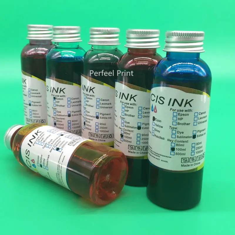 

6 Bottles x 100ML T0851-T0856 Edible Ink For Epson Stylus Photo 1390 BK C M Y LM LC Inkjet Printer