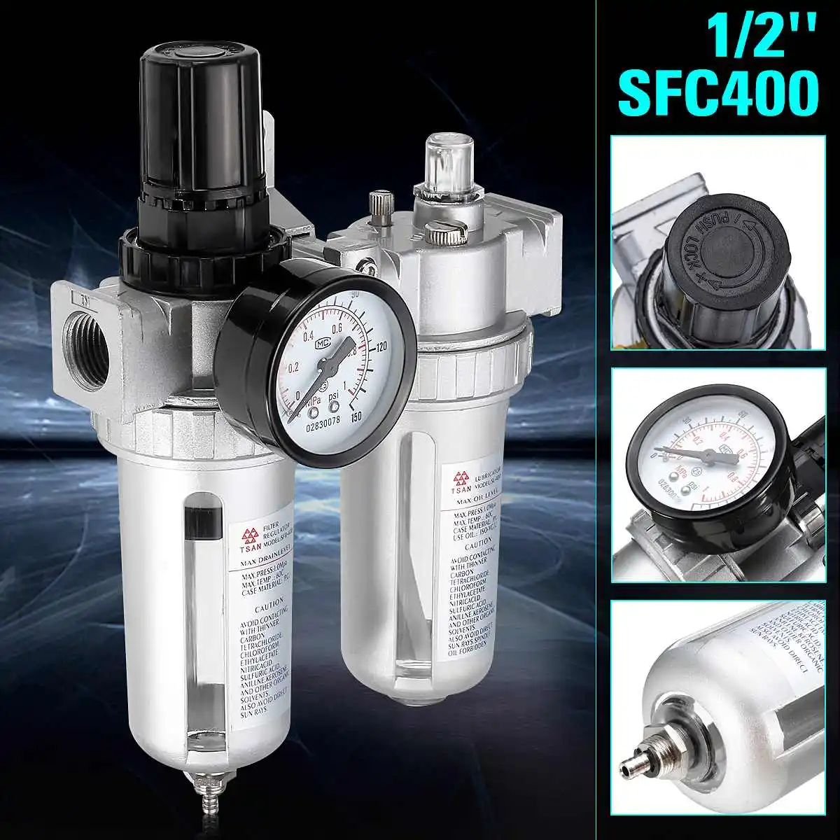 

SFC400 1/2" Air Compressor Oil Lubricator Moisture Water Trap Filter Regulator ABS Aluminum 22x15.5x9.4cm Pneumatic Parts
