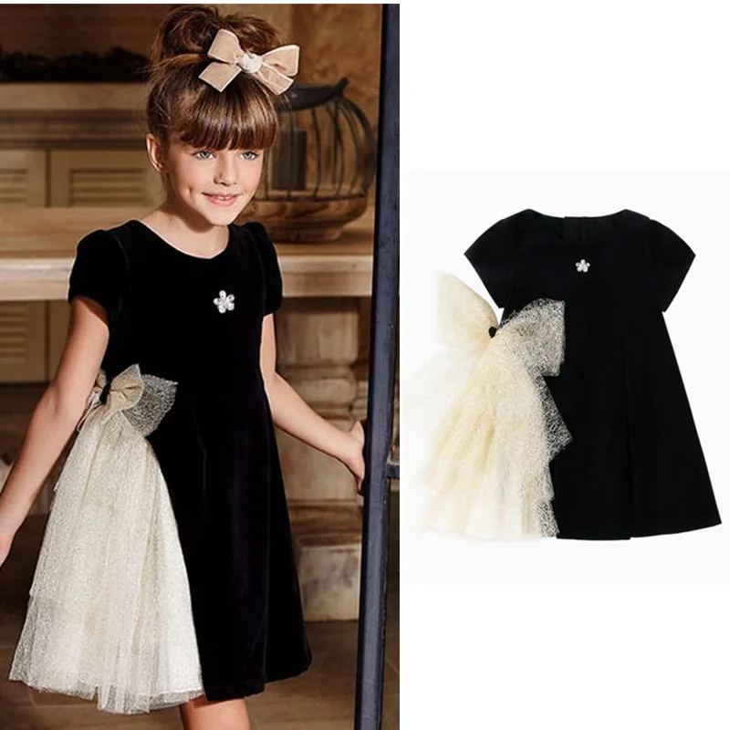 

2019 New Children's Clothing Noble Black Swan Champagne Gold Bright Silk Yarn Bow Puff Dress Princess Dress