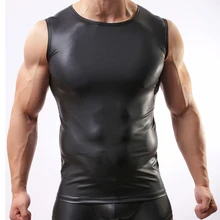 Новая модная мужская майка из искусственной кожи без рукавов для ночного клуба популярная сексуальная клубная футболка с круглым воротником