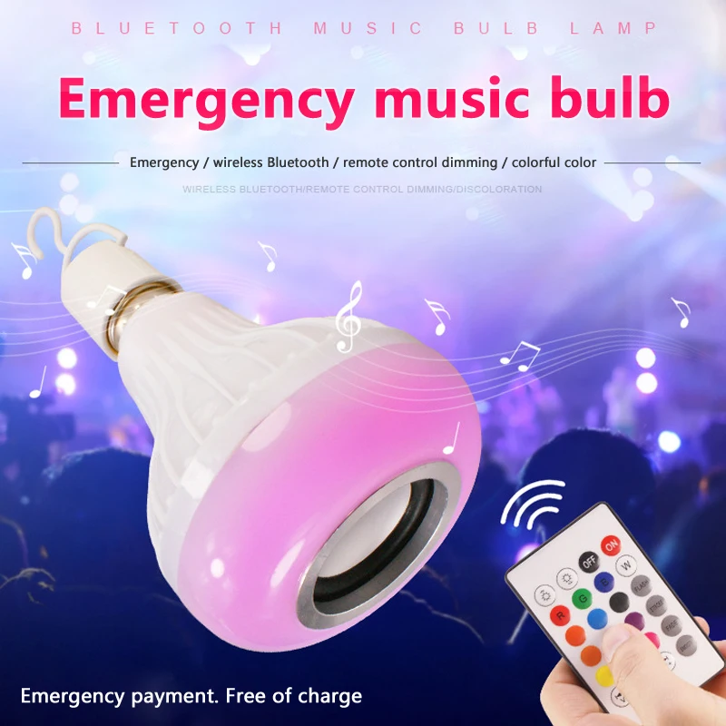 

Smart E27 RGB Bluetooth Speaker LED Bulb 12W Music Playing Dimmable Wireless emergency Led audio bulb with 24 Key Remote Control