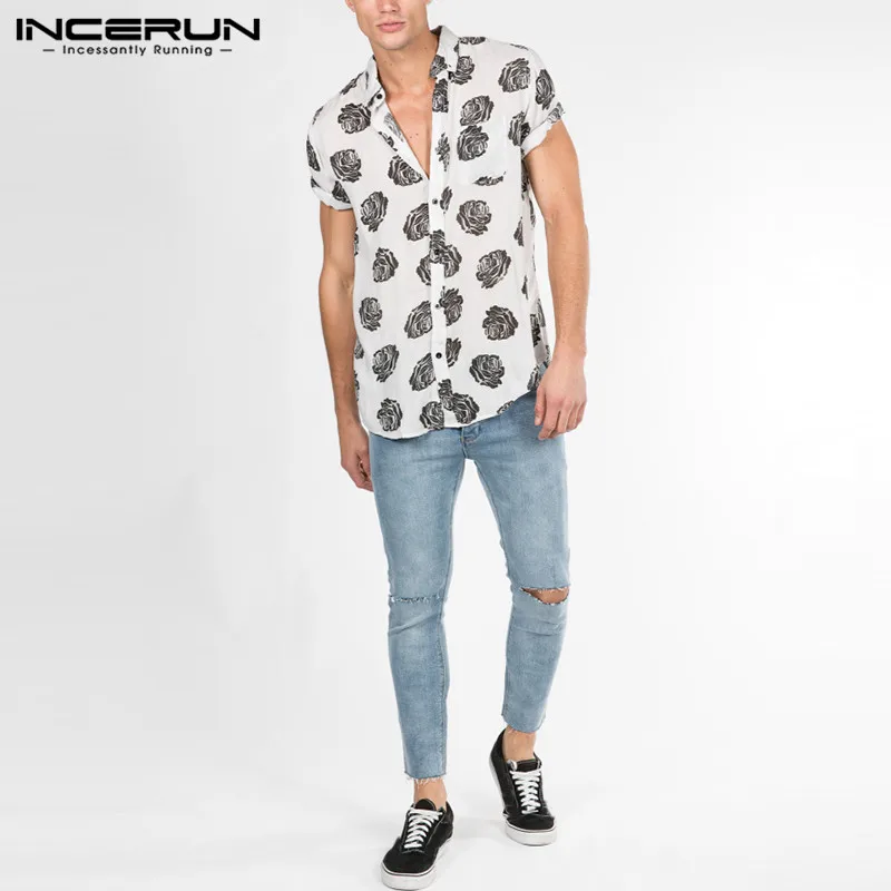 INCERUN الاجتماعية الرجال قميص هاواي الاستوائية قصيرة الأكمام اللباس الرجال قمم الرجعية ارتفع الذكور الملابس عارضة قمصان هومبر الكبير 5XL