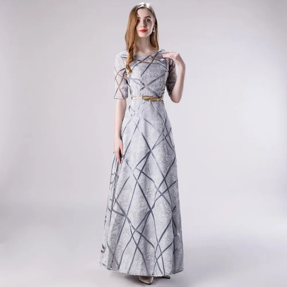

Vivian's Bridal Fashion Geometric Stripe Cut-out Prom Dress Elegant Gold Leaf Sashes Sliver Party Dress Lady A-line Maxi Dress