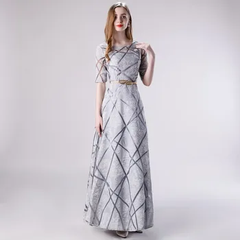

Vivian's Bridal Fashion Geometric Stripe Cut-out Prom Dress Elegant Gold Leaf Sashes Sliver Party Dress Lady A-line Maxi Dress