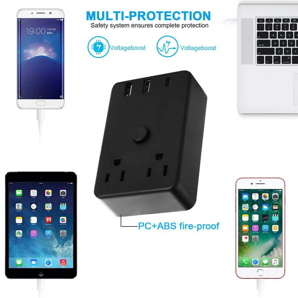 Переносной сетевой фильтр с американской вилкой 2 USB 1 C и розетками Настольная