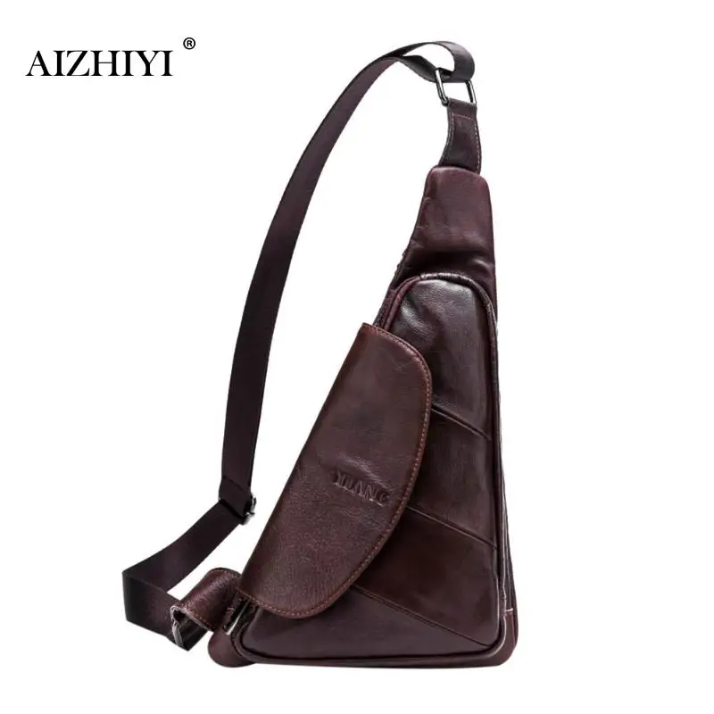 Men Triangle Leather Shoulder Bag Travel Genuine Leather Chest Bag