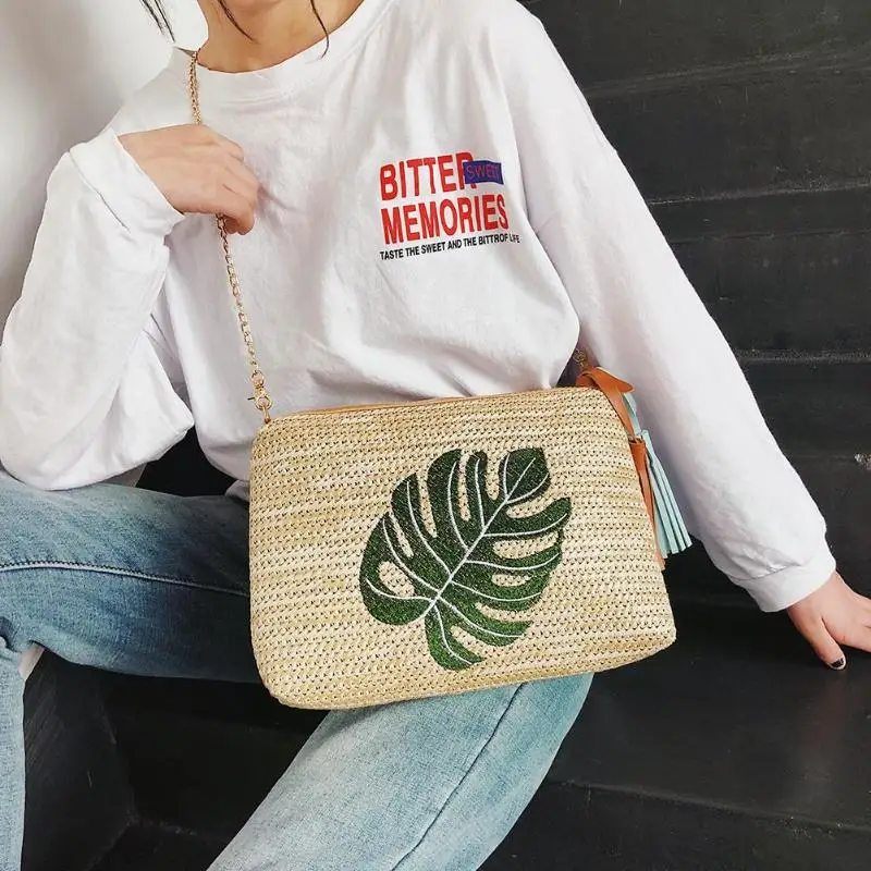 Женские соломенные сумки на плечо с вышивкой молнии|Сумки ручками| |