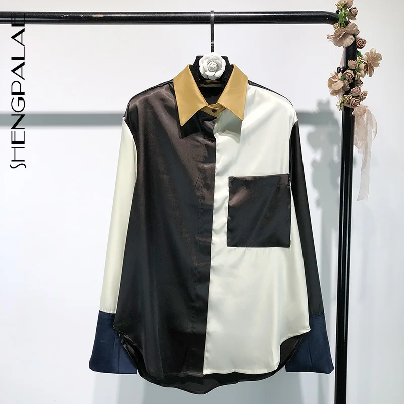 

SHENGPALAE 2019 Spring New Women Satin Long Sleeve Shirt Casual Female Patchwork Turn-down Collar Shirt Fashion Blouse HD467