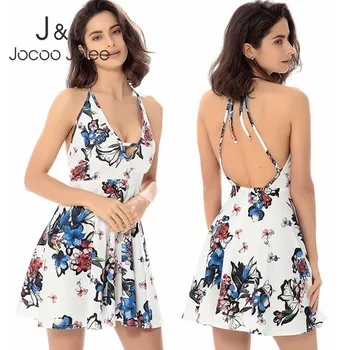 

Sexy Halter Lave Up V Neck Backless Mini Dress Women 2019 Casual Boho Sleeveless Floral Print A Line Dresses Beach Dress