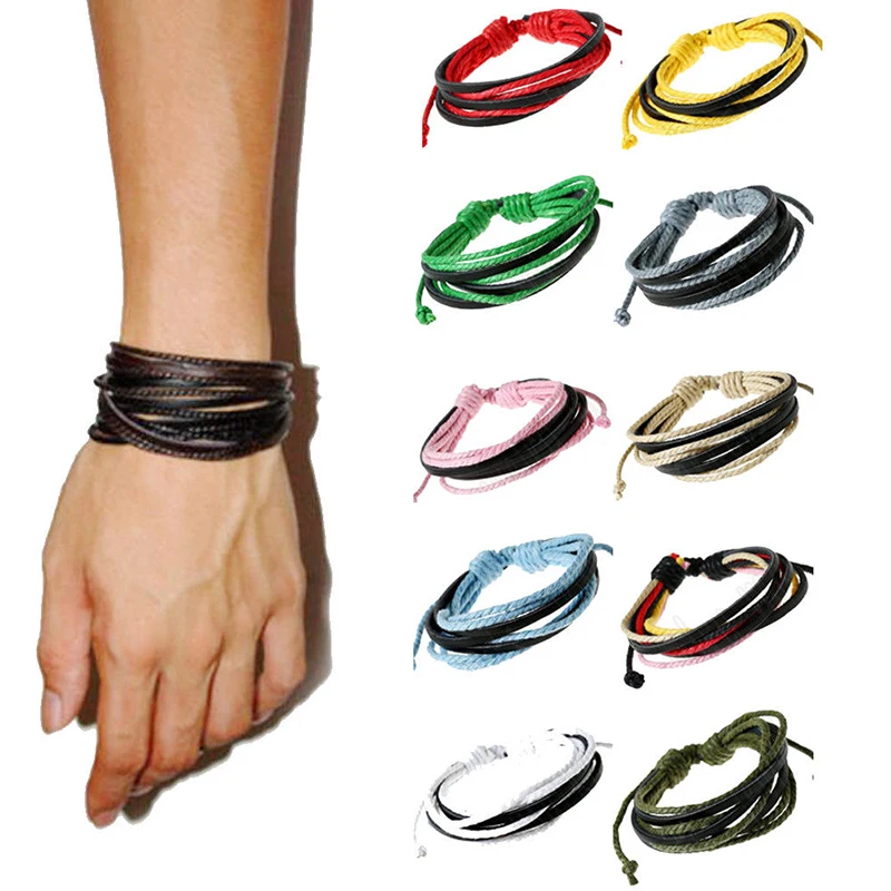 

Hand Bangles Chain Band Leather Bracelet Men Weave Fashion Button Wrist Wrap