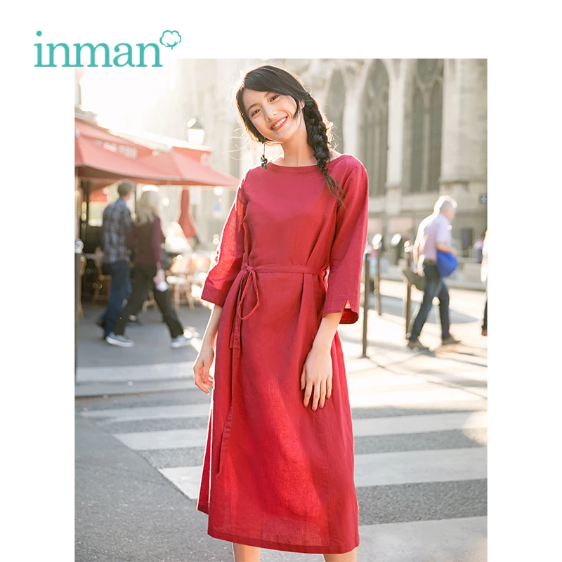 

INMAN Autumn Boat Neck Literary Retro With Belt Slim Loose All Matched Casual Women Dress