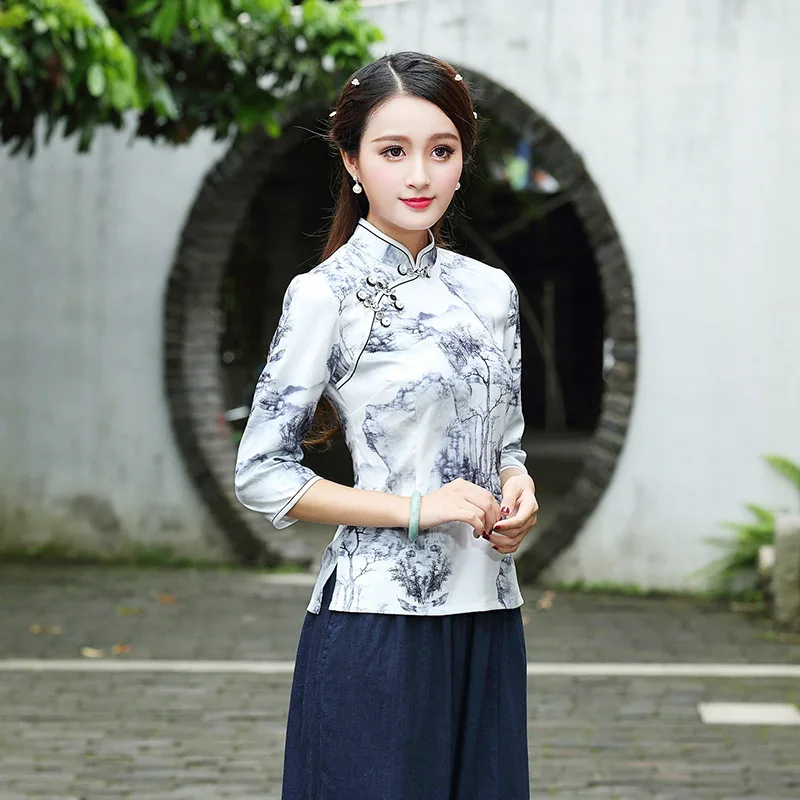 Китайские рубашки с изображением горных чернил, эластичные Топы Ципао, женский весенний эластичный костюм с рукавом «Семь четверти» и принтом