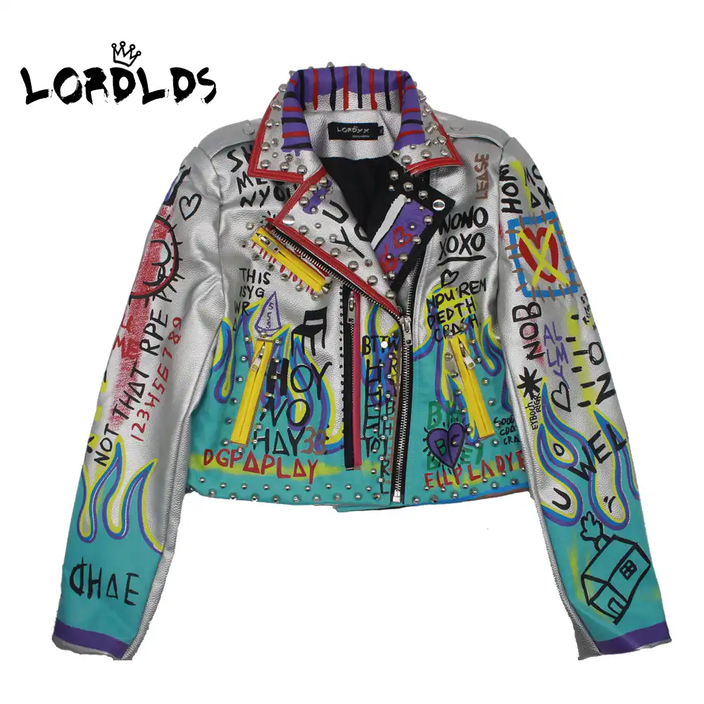 Lordld veste en cuir femmes 2019 mode imprimer nouveau printemps col rabattu Punk Rock argent vestes dames vêtements Outwear manteaux