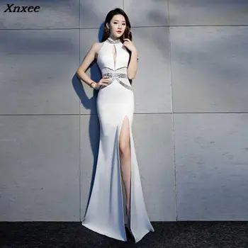 

Xnxee Women Elegant Mermaid Dress Halter Sexy Deep V Beading Transparents Sleeve Backless Slit Floor Length Party Night Dresses
