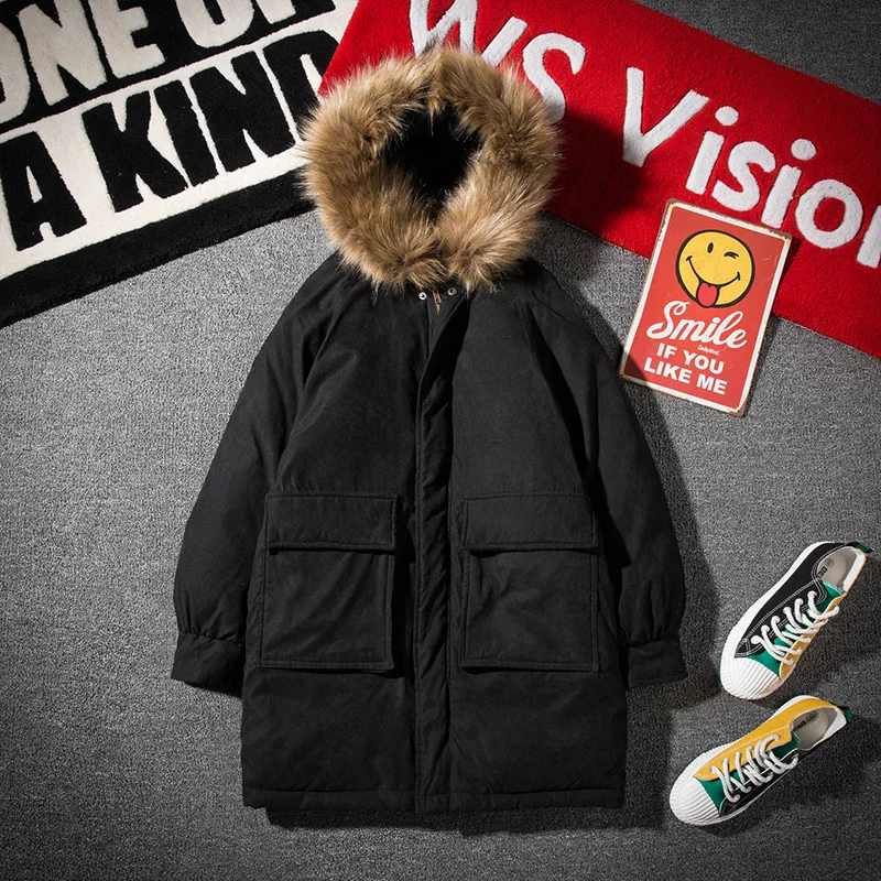 

Winter New Coat Men Warm Padded Fashion Fur Collar Hooded Jacket Man Casual Loose Cotton Long Section Parka Male Clothes