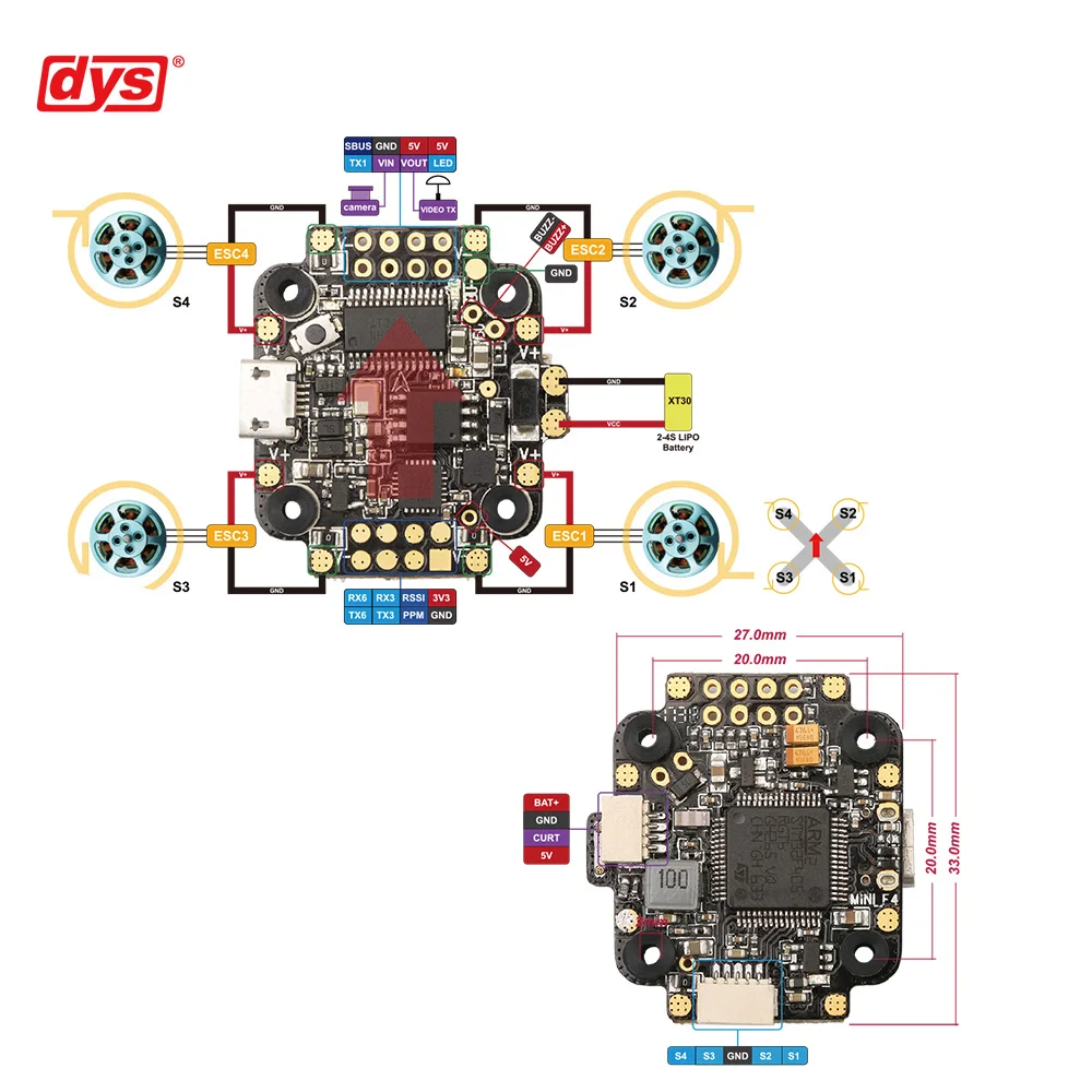 Контроллер полета DYS Mini F4 2 4s с 5 В а BEC OSD измерителем тока 20x20 мм монтажное