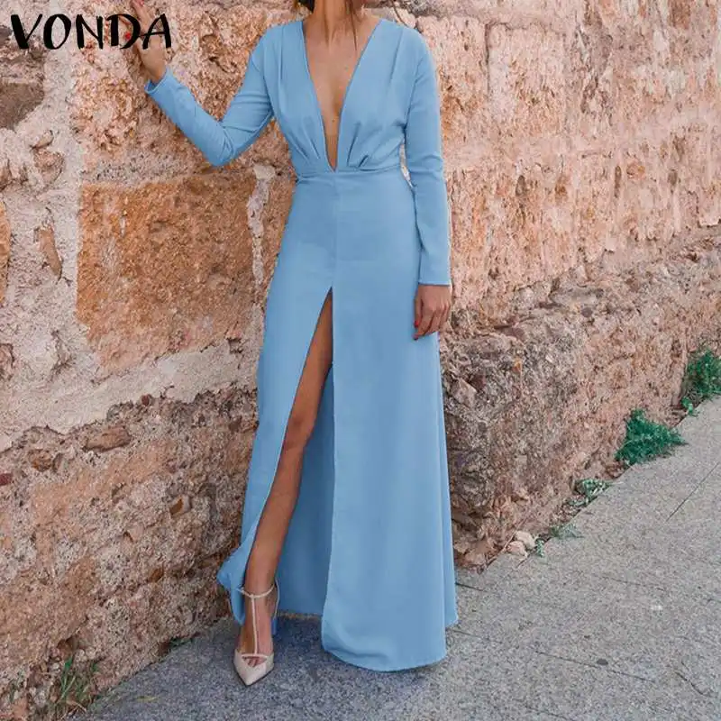 

VONDA 5 Colors Women Party Dress Sexy Deep V Neck Split Long Dresses 2019 Summer Spring Elegant Casual High Waist Vestido S-5XL