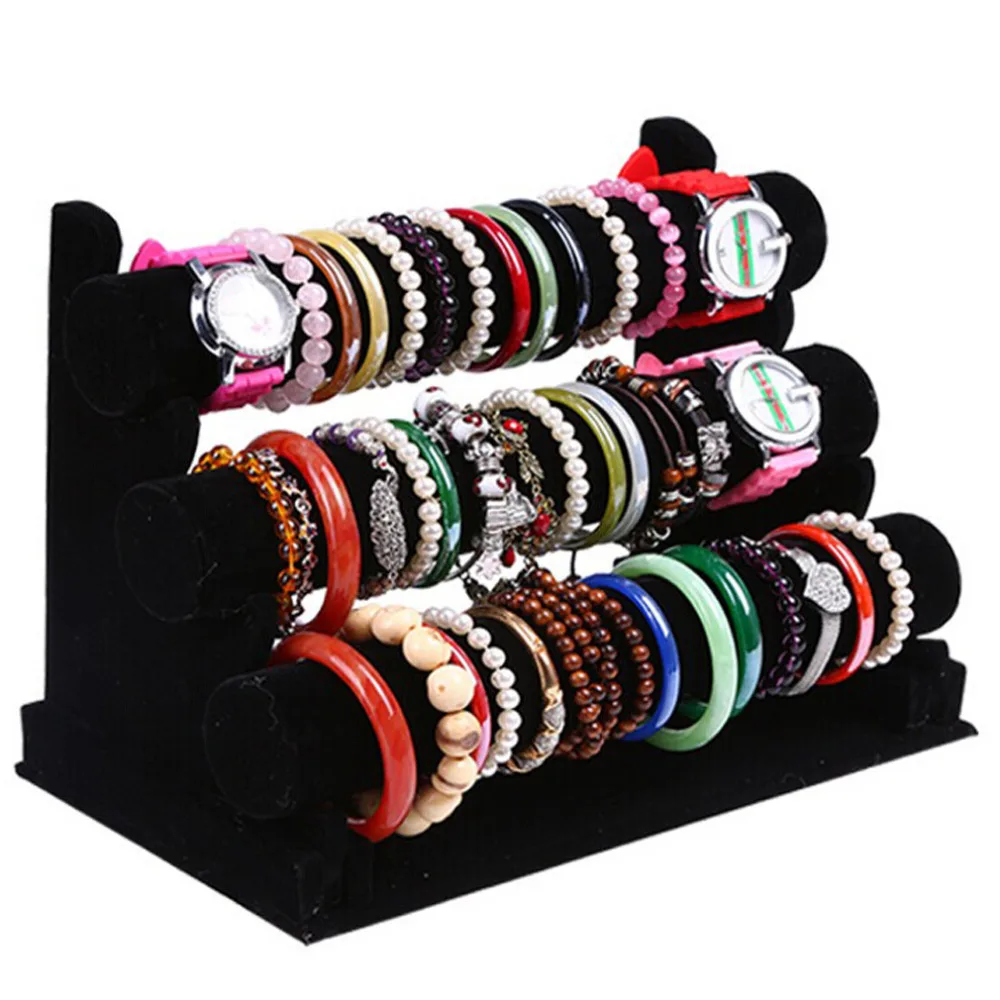 New and Fashion 3 Tier Black Velvet Bracelet Chain Watch T-Bar Rack Jewelry Organizer Hard Display Stand Holder