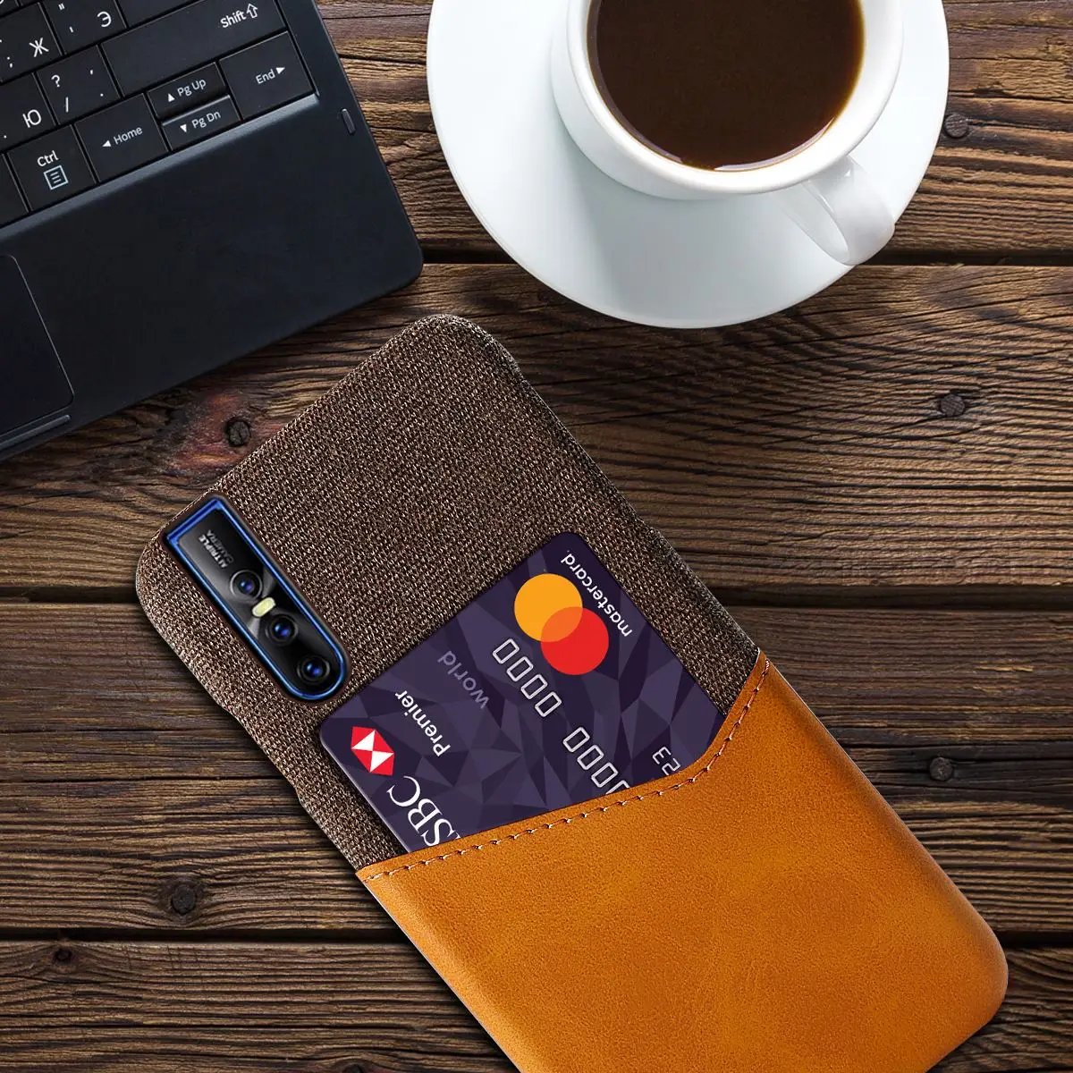 For Vivo V15 Pro Back Case Thin PU Leather and Soft Fabric Splicing Design Anti-scratch Phone Protector with Card Slot