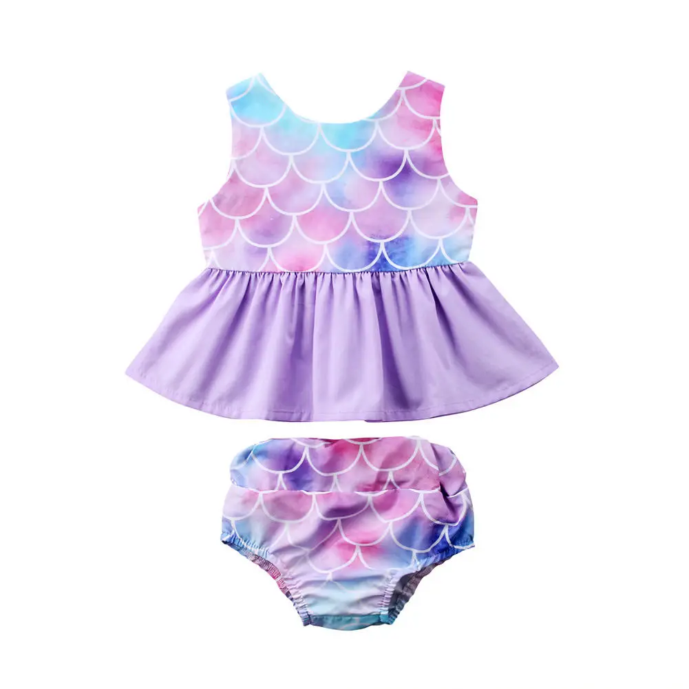 

Summer Toddler Baby Kids Girls Clothes Set Mermaid Tops Dress + Shorts Outfits Two Pieces Purple Beachwear Swimsuit Clothes Set