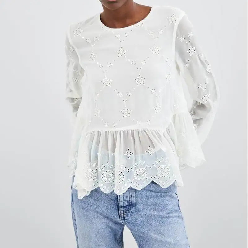 

2019 Spring Women White Blouse Shirts Cotton Embroidery Hollow Out Full Sleeve O-Neck Chic Preppy Lady's Tops