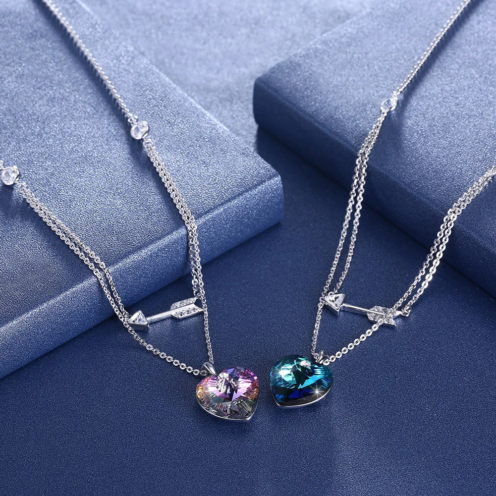 

100% Pure 925 sterling silver fine jewelry crystal stone cute sweet love heart with arrow shaped folded Collar Necklace women