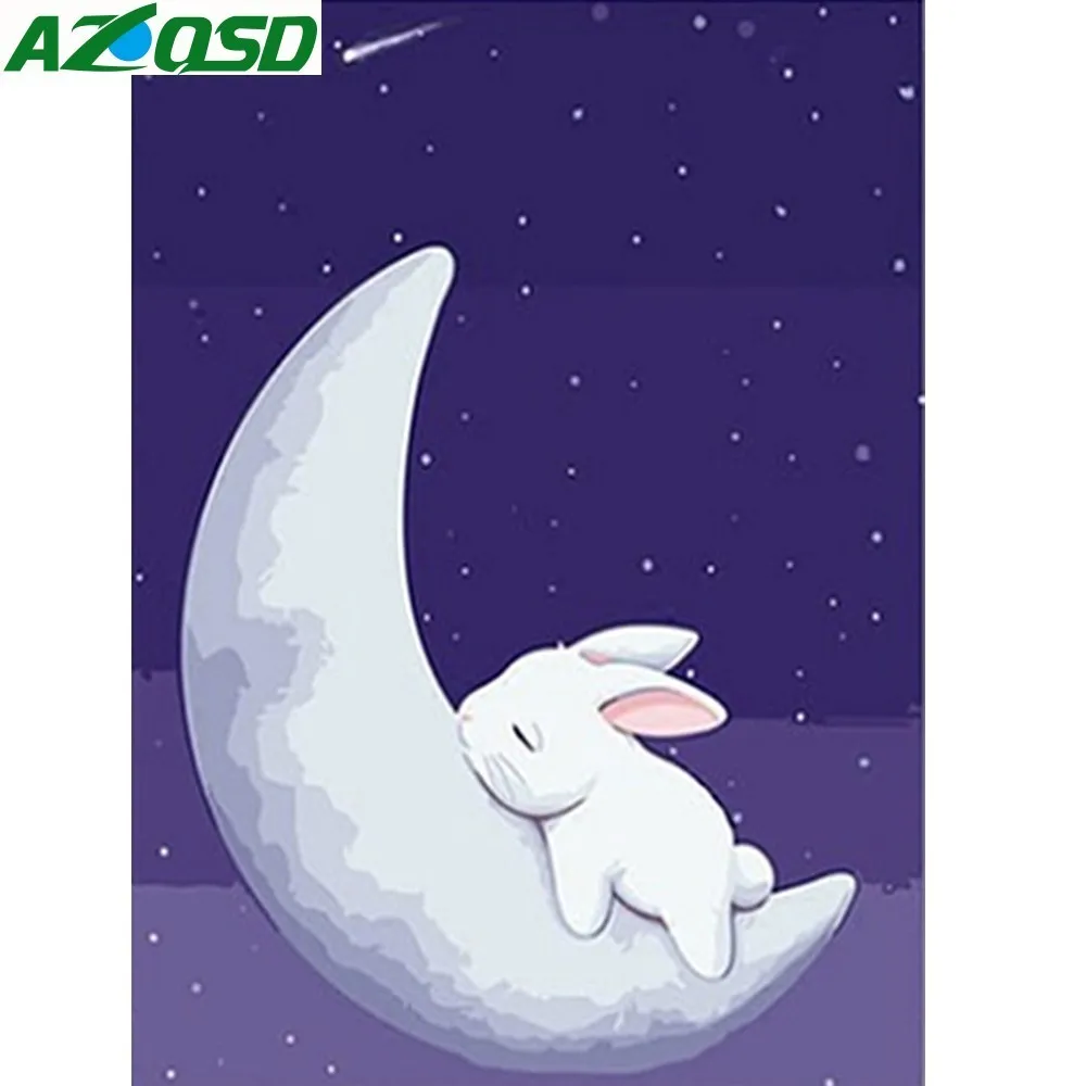 

AZQSD Hand Painted Canvas Oil Paintings Cartoon Digital Painting Rabbit&Moon Frameless Paint On Canvas kid Room Decor SZGD088