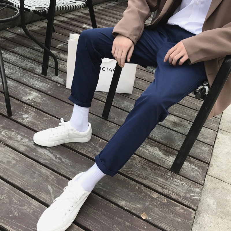 Men's Trousers 19 Spring New Youth Popular Wild Solid Color Casual Pants Nine Points Slim Trousers Student Casual Men's Clothing