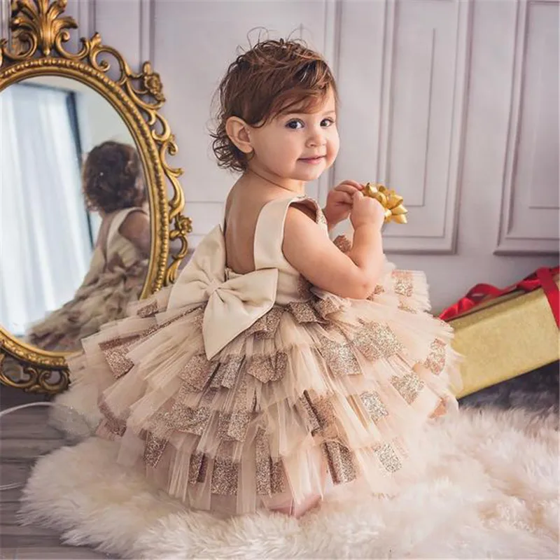 

Formal Kids Baby Girl Princess Dress Sleeveless Back Bow Backless Birthday Wedding Party Tutu Dress Ruffles Layered Dress 6M-5Y