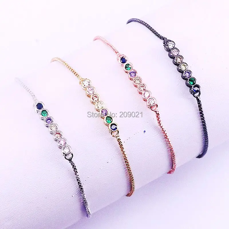 

10Pcs Mix color Micro Pave Rainbow CZ Zircon Adjustable Slider Chain Charm Bracelets for Women Jewelry