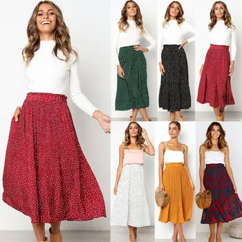 

HIRIGIN Boho Womens High Waist Long Skirt Stretchy Retro Floral Dot Swing Lady Skirts