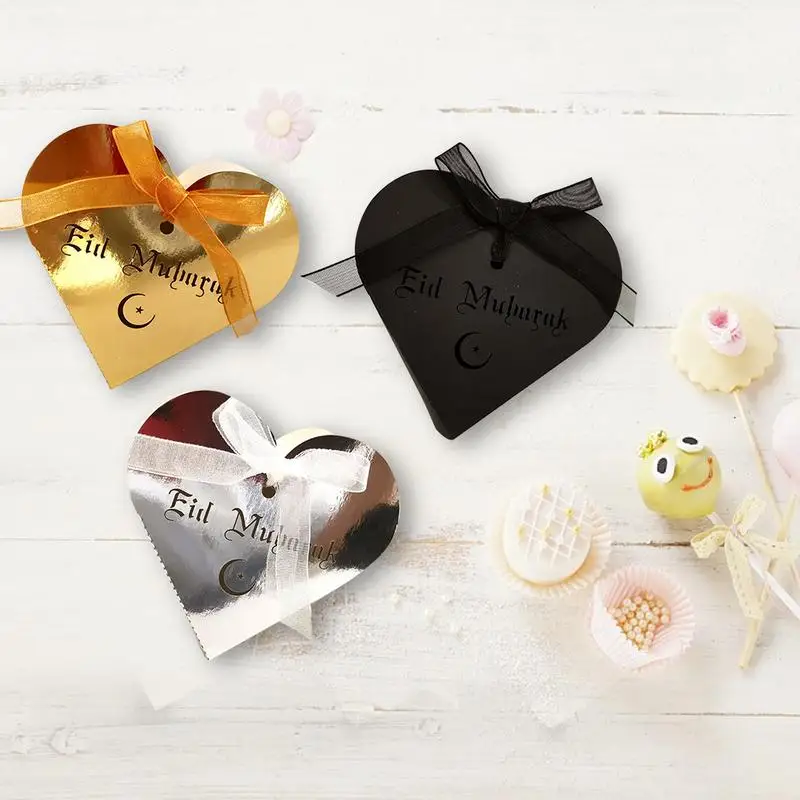 

50PCS Eid Mubarak Golden Candy Chocolate Box Kareem Hollow Sugar Storage Case With Party Ribbon Supplies Ramadan Decoration