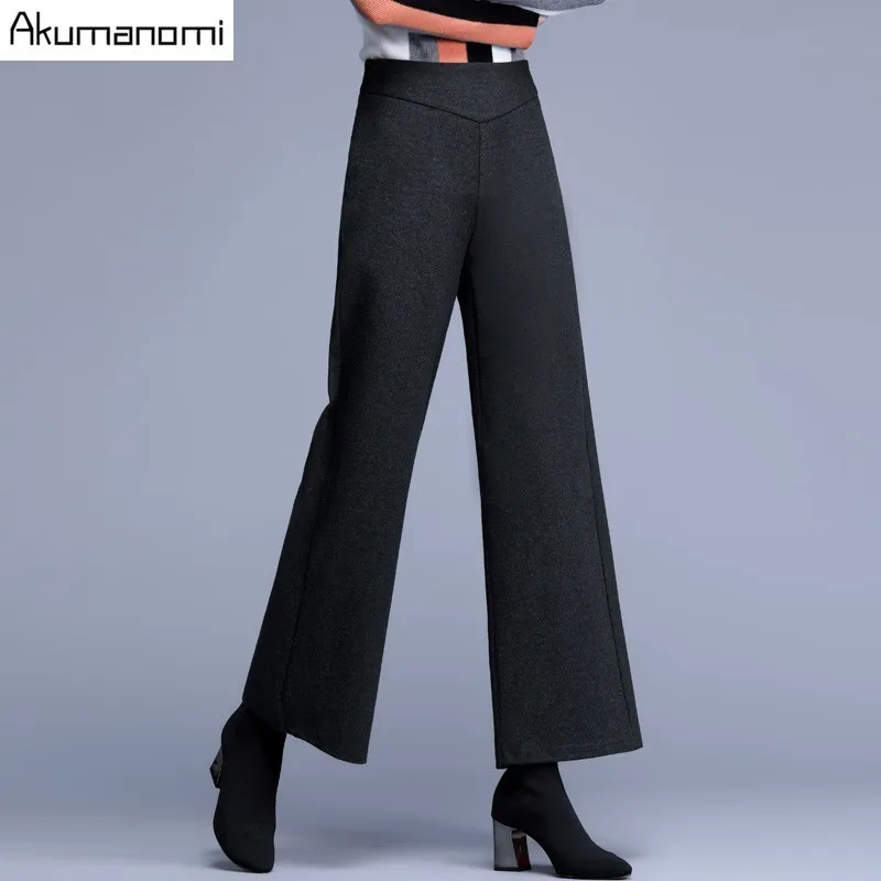 Winter Autumn Woolen Side Gray Black Wide Leg Ankle-Length Pants Trousers Women Trousers Panty Plus Size 4xl 3xl 2xl Xl L M