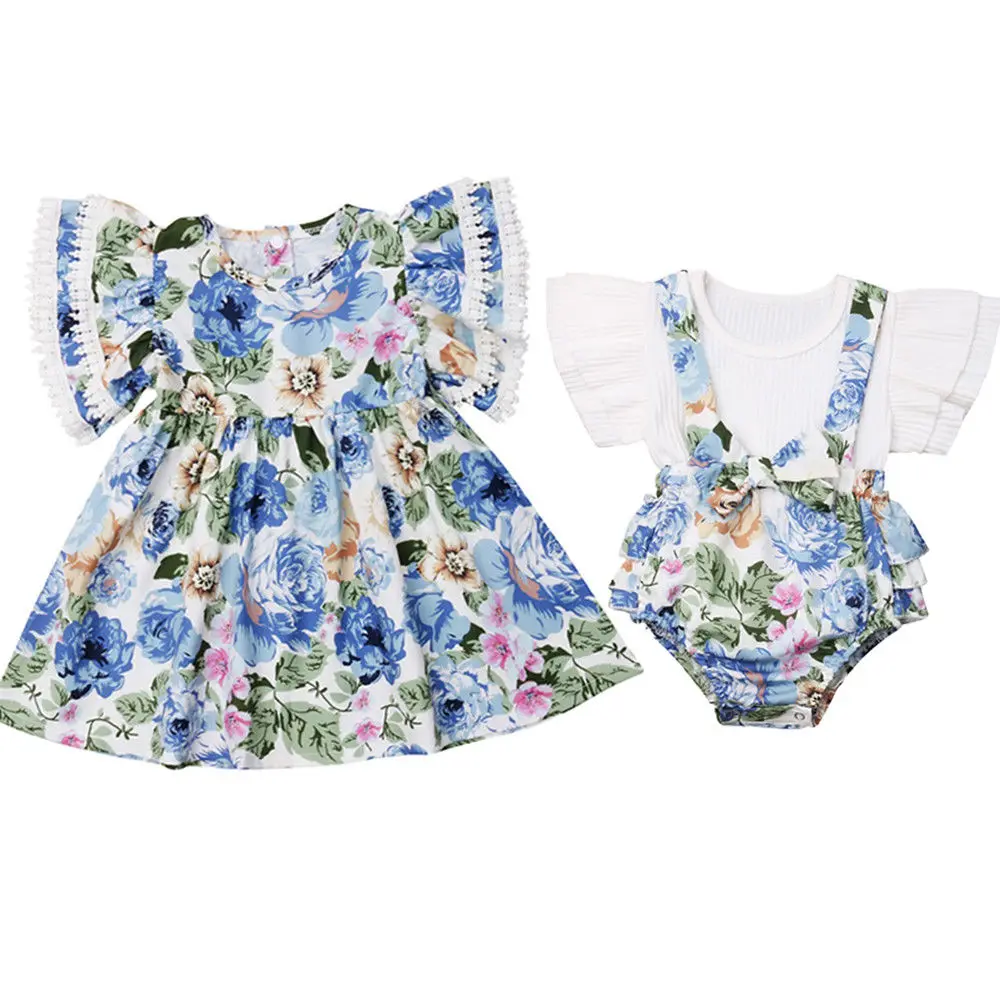 

Family Matching Outfits Sister Match Kid Baby Girl Costume Floral Ruffle Dress Top Bib Shorts Outfit