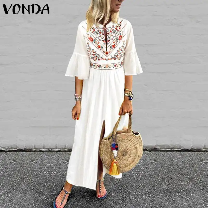 

VONDA Bohemian Women Vintage Print Dress 2019 Sexy V Neck Ruffle Sleeve Split Maxi Long Dresses Plus Size Casual Loose Vestidos
