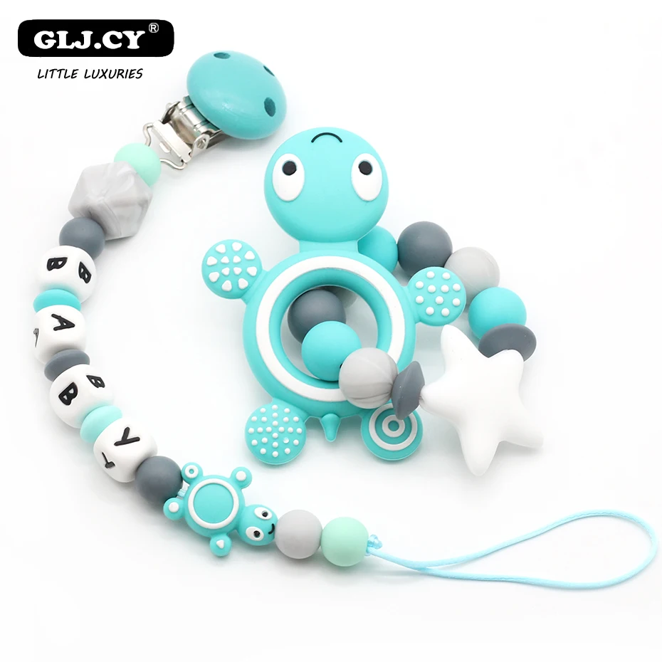 

Baby Pacifier Clip Personalised Name Tortoise Silicone Baby Rattles Teething Soother Toy Dummy Clips Holder