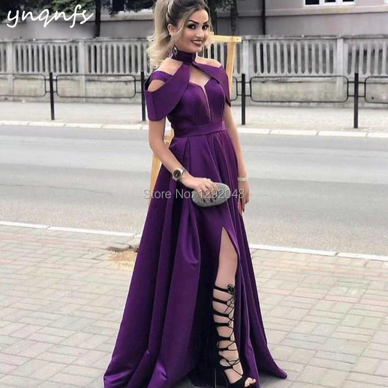 YNQNFS P18 Фиолетовое Атласное Платье сексуальное с высоким разрезом Robe de Bal Vestido de Festa фиолетовое платье подружки невесты 2019