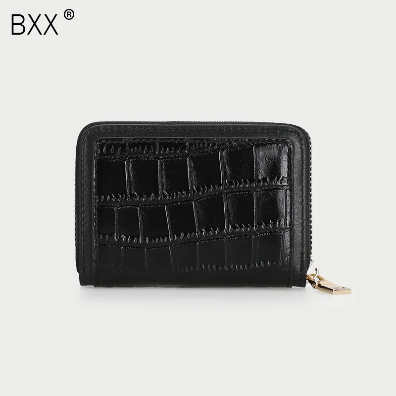 

[BXX] 2019 New Pattern Black Khaki Color Stone Pattern 9 Bits Cowhide Zipper Unisex Short Card Purses Wallet All Match NA562