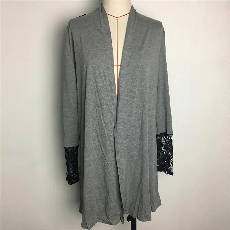 Women Cardigan Jacket Solid Thin Knit Long Sweater Outwear Lace Stitching Coat Fashion Cotton Sweater Cardigan Leisure Jacket