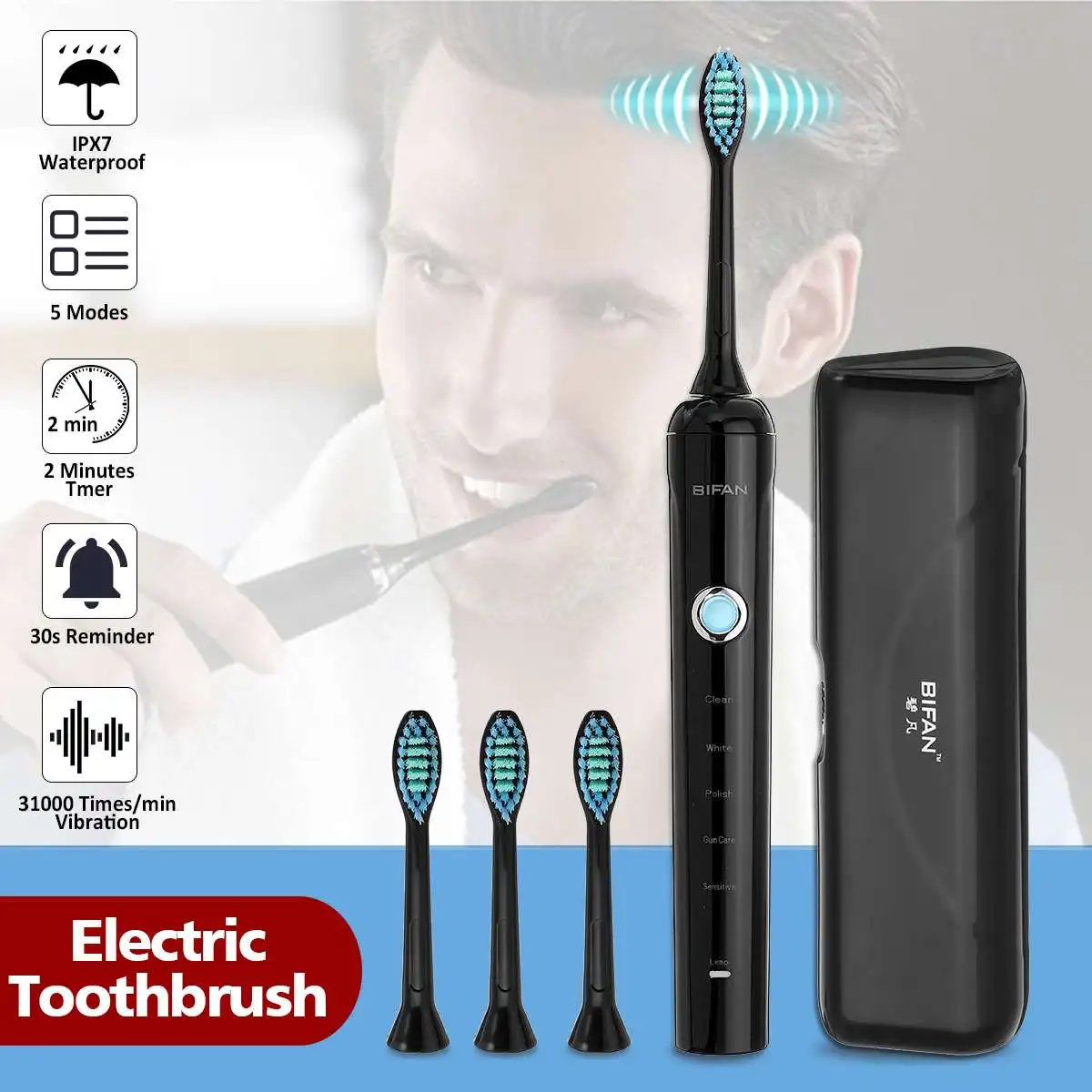 

5 modes Electric Toothbrush Upgraded Adult IPX7 Waterproof Ultrasonic automatic Toothbrush USB Rechargeable w/four brush heads