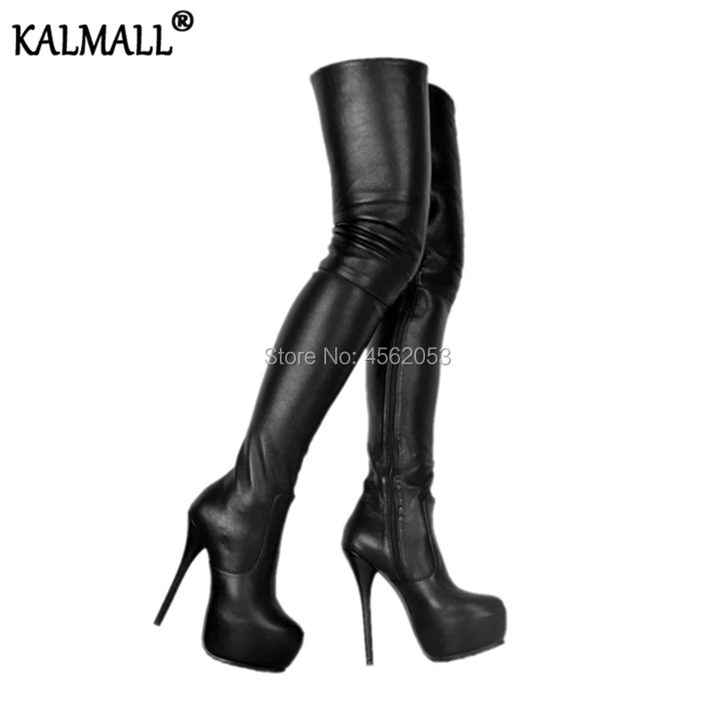 

KALMALL Plus Size 45 Slim Sexy Runway Shoes Lady Stiletto Sky High Heels Overknee Booties Black Stretch Leather Platform Boots