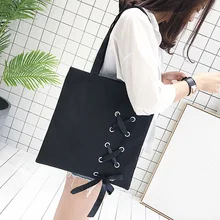 New Women’s Casual Lace-up Canvas Tote Bag Female Canvas Shoulder Bags crossbody bags for women Beach bag bolso mujer(Black)