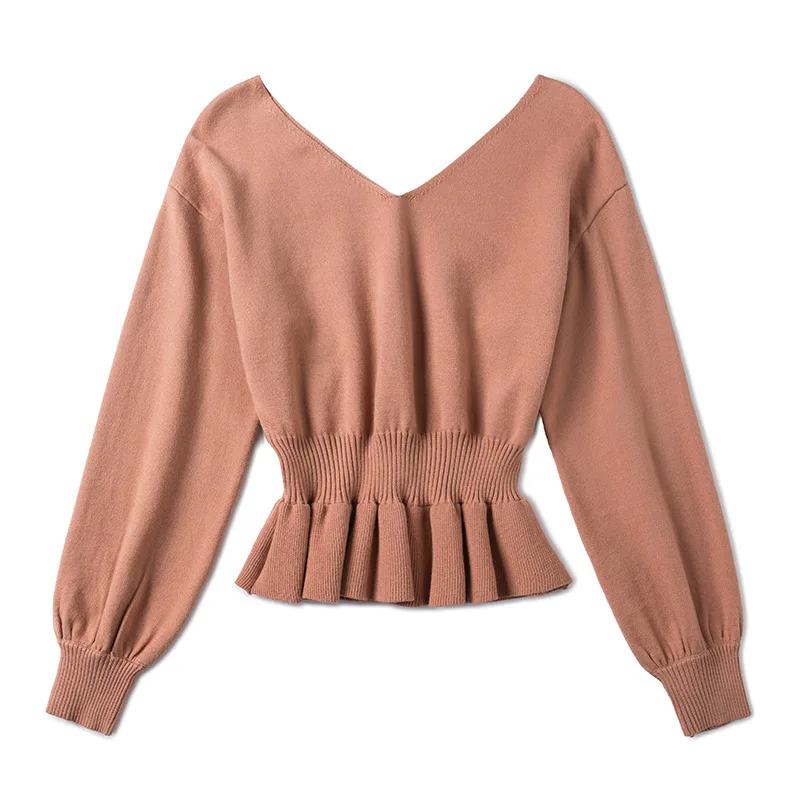  2018 new women's autumn v-neck sweater loose all-match bottoming sweater long-sleeved women's lantern sleeve sweater i6256