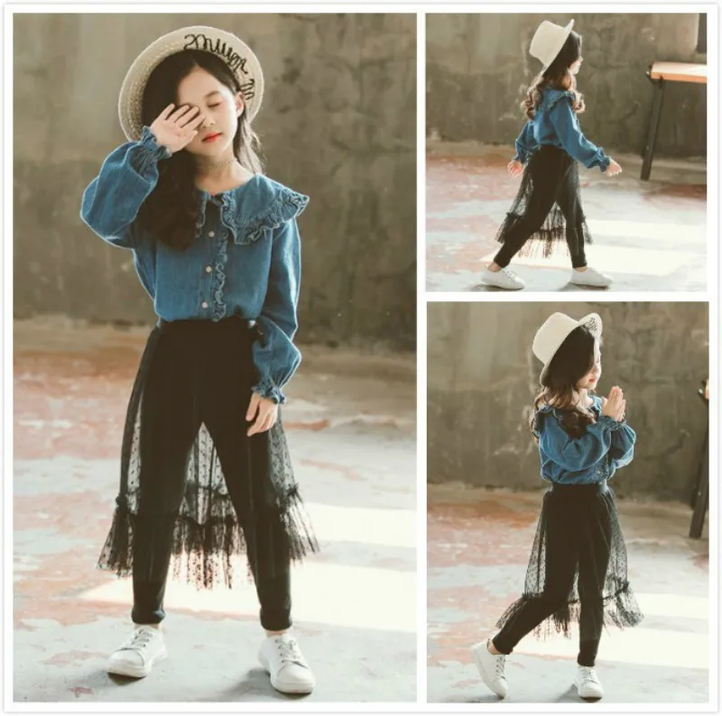 

Kids Girl Clothes sets 2019 Spring Autumn Season New Pattern Cowboy Shirt Wave Point Yarn Skirt clothing Suit Children
