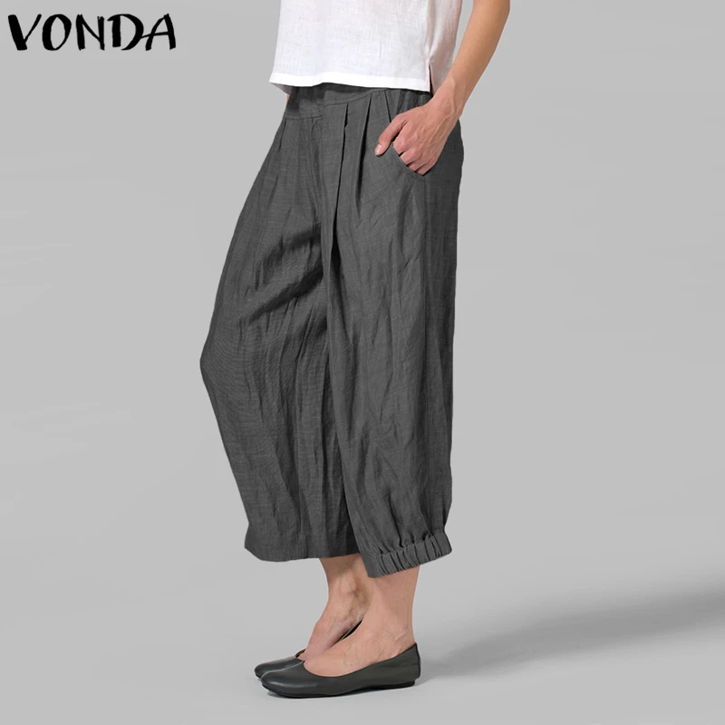 VONDA النساء عارضة بنطال ذو قصة أرجل واسعة 2019 الخريف الربيع خمر عالية الخصر الصلبة سراويلي حريمي زائد حجم فضفاض السراويل قيعان 5XL
