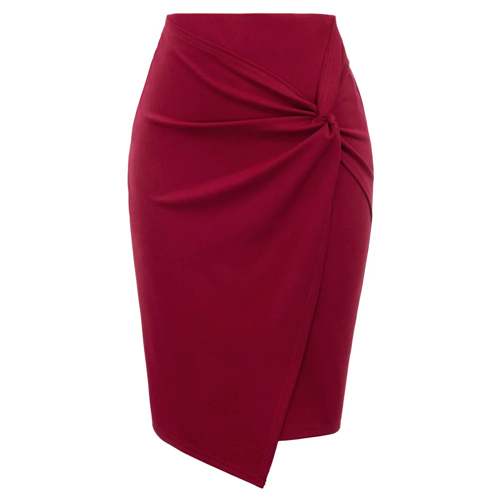 

black/wine ruched skirts Womens Spring summer Solid Color Asymmetrical hem Wrap Front skirt ladies Stretch Pencil office Skirt