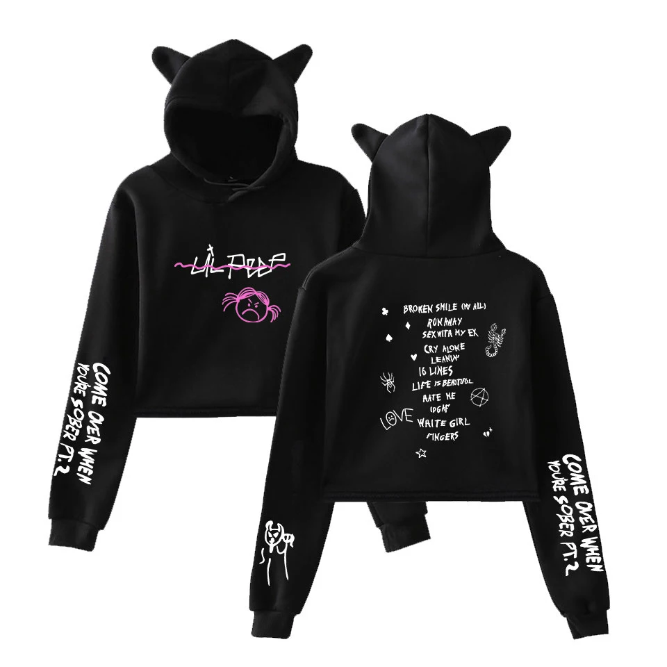 

New Rep Lil Peep Fashion Print Cat Crop Top Women Summer Hoodies Sweatshirt Sexy K-pop Harajuku Leisure Cat Hooded Fashion XXL