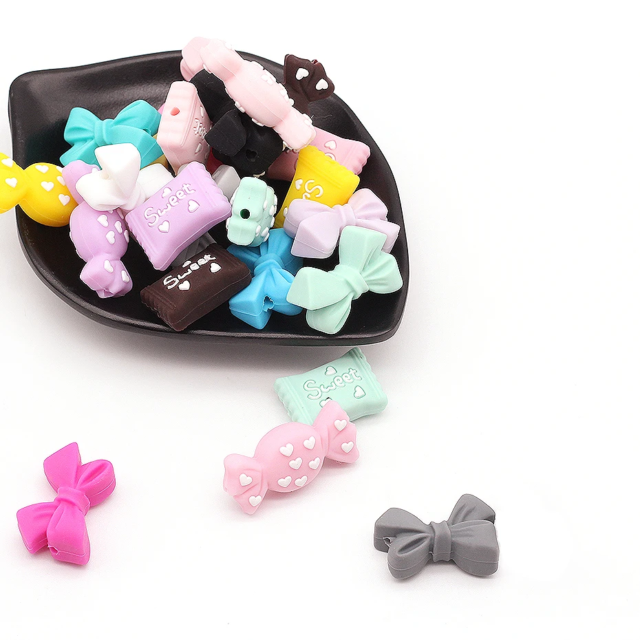 

5pc Baby Teether Bow Food Grade Silicone Beads Teething Toys Candy Mini Silicone Teether Nursing Pacifier Clips Chain Accessorys