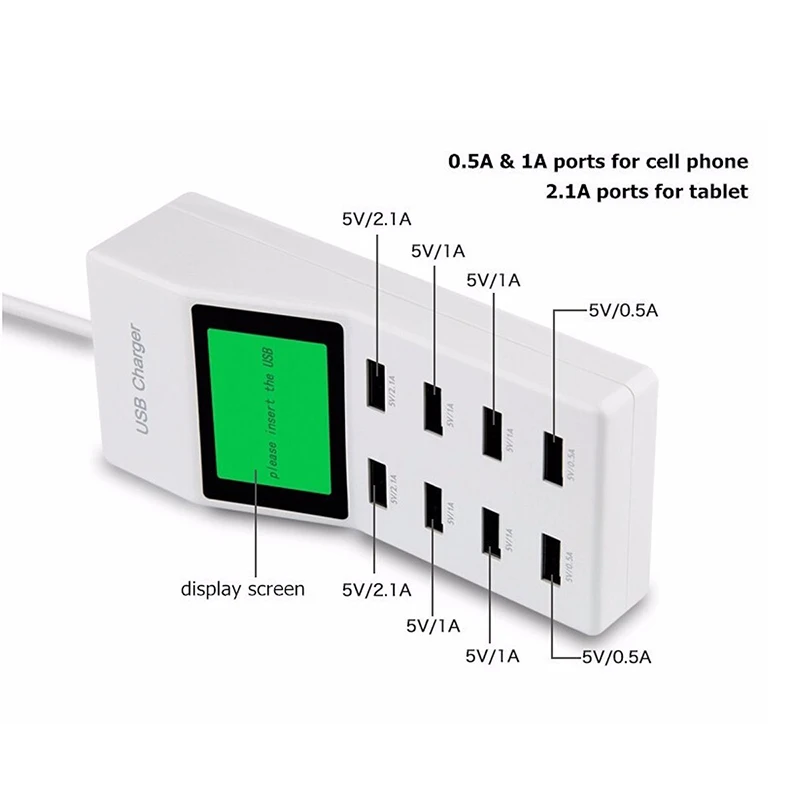 8 ميناء شاحن usb جداري للسفر LCD شاشة ديجيتال قابس متعدد محطة شحن الهاتف المحمول الهاتف الذكي أقراص محول للشحن