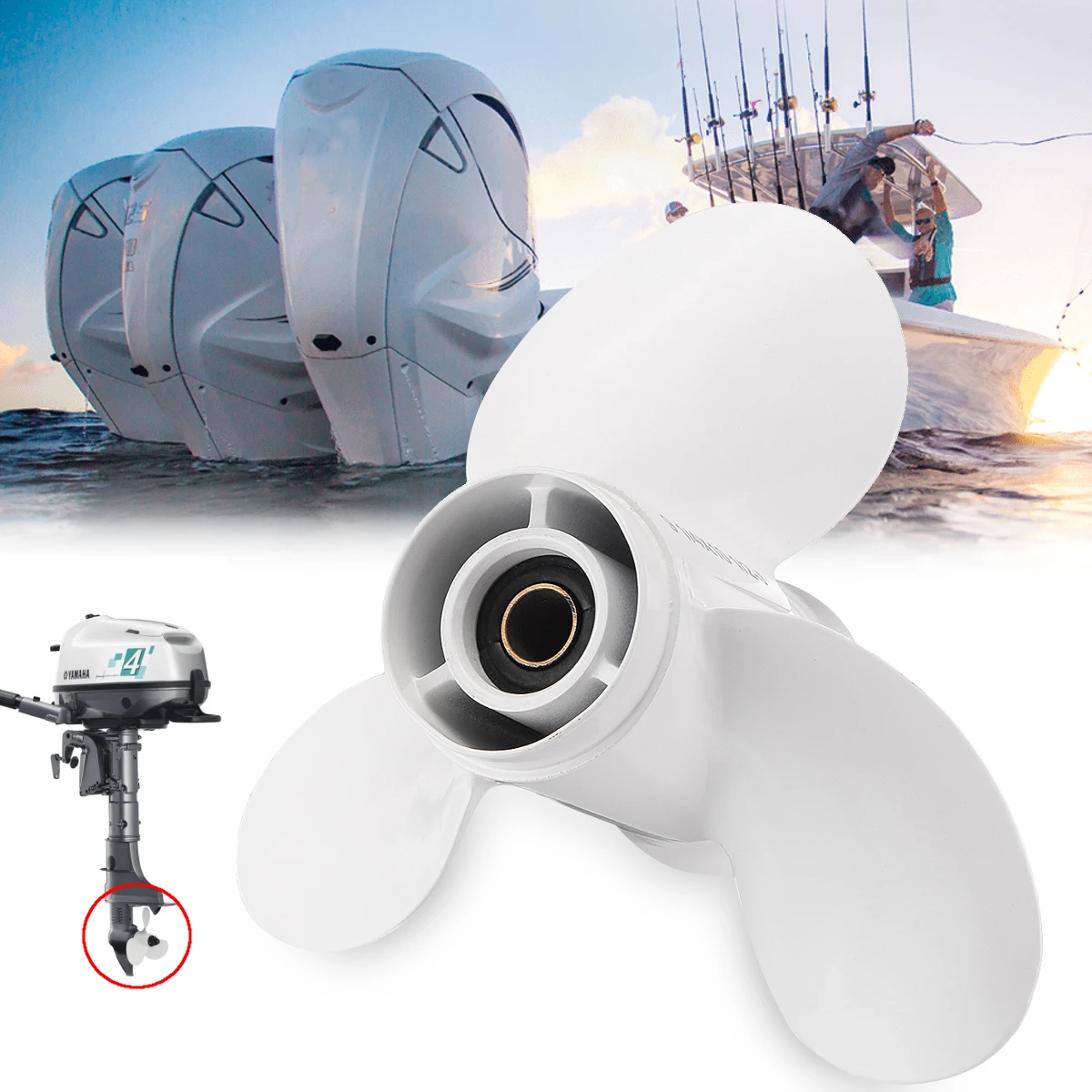 

683-45943-00-EL 9 1/4 x 10 1/2 Outboard Propeller White For Yamaha 9.9-20HP Aluminum Alloy R-Rotation 3 Blades 8 Spline Tooths